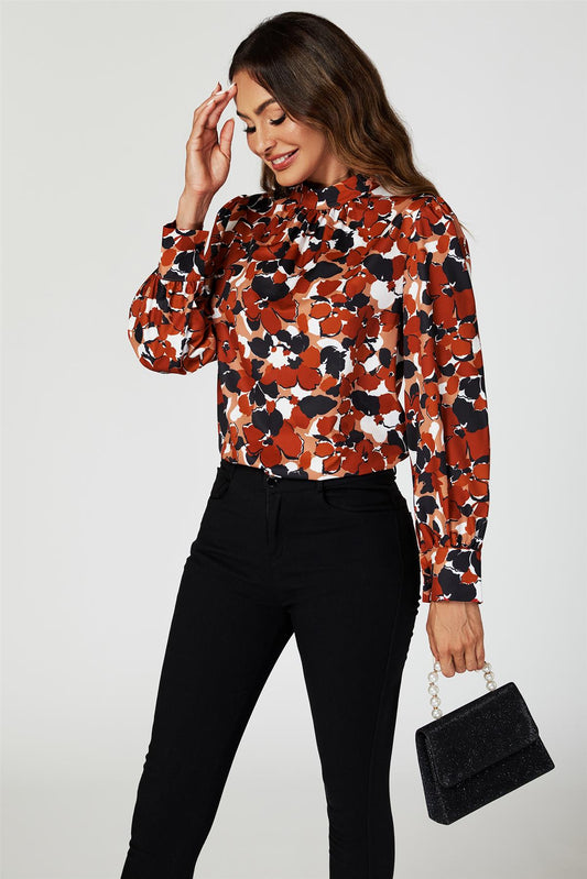 Floral Print Long Sleeve High Neck Top In Rust