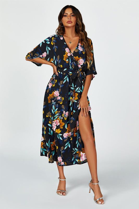 Floral Print Wrap Top Kimono Sleeve Split Maxi Dress In Black