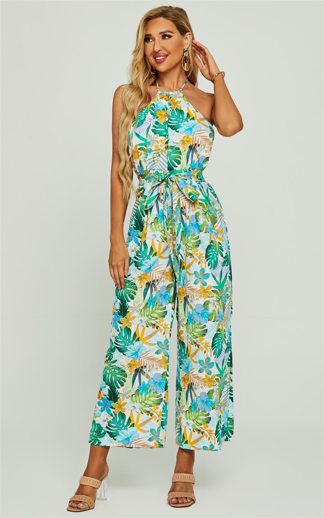 Boho Flora Print Halter Neck Jumpsuit In Green