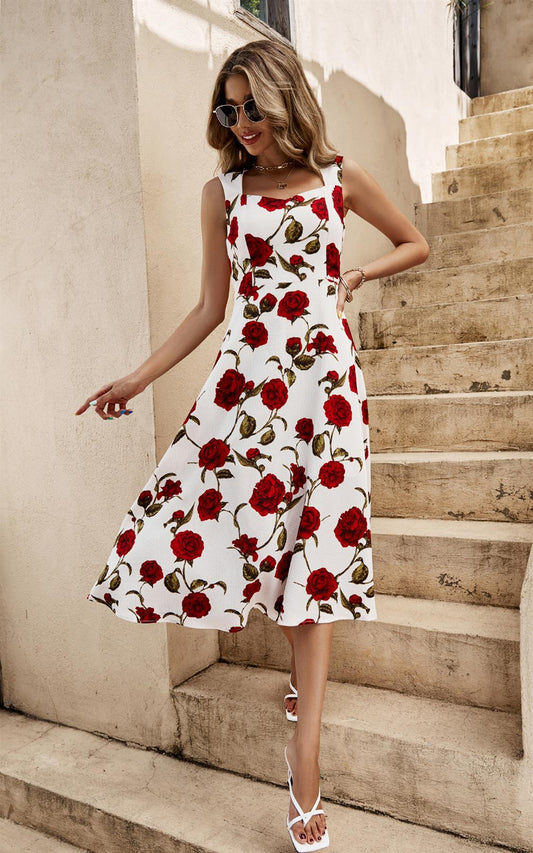 Red Roses Print Heart Neck Midi Dress In White