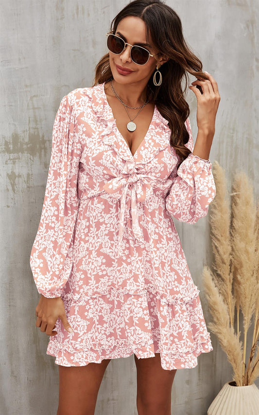 Mini Front Wrap Dress In Pink & White Floral Print