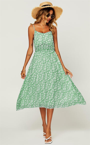 Flora Print Frill Trim Detail Wrap Strappy Midi Dress In Light Green