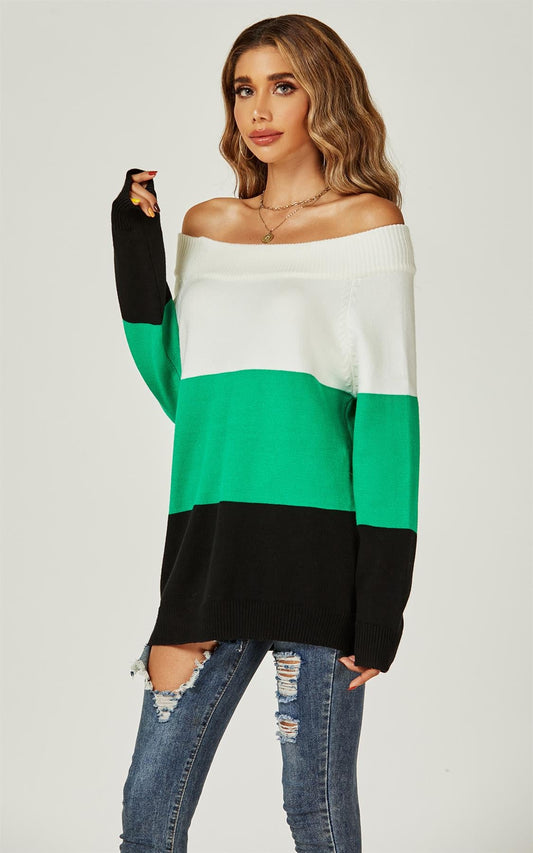 Off The Shoulder Block Colour Relaxed Jumper Top In Green & White & Black