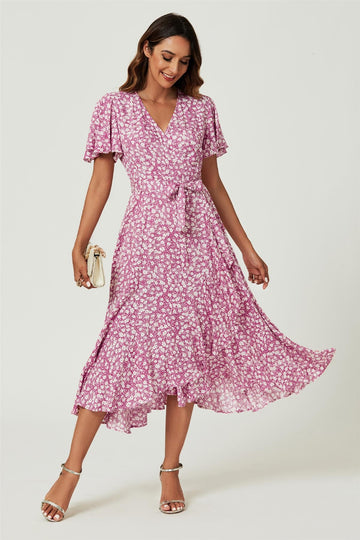 Floral Print Midi Wrap Dress In Pink