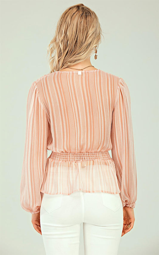 Long Sleeve V Neck Sheer Blouse In Pink