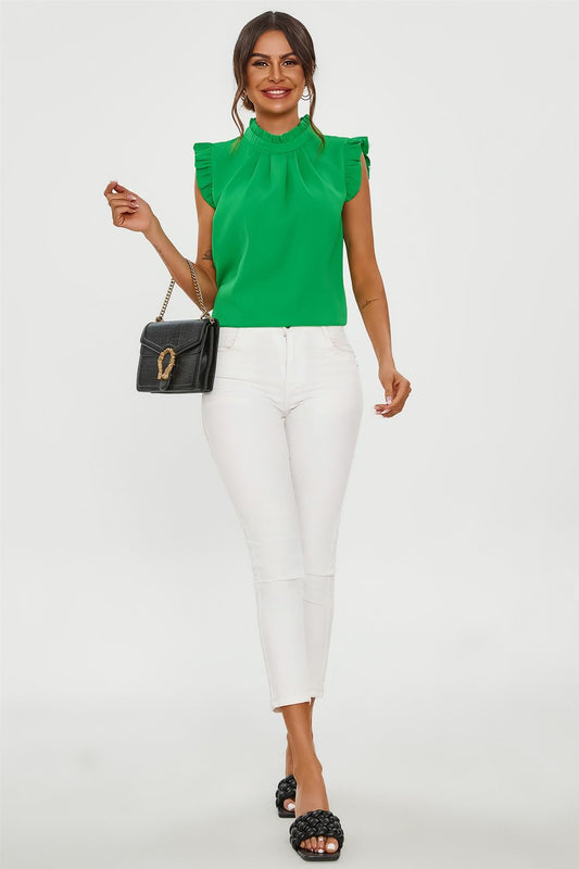 Frill Trim Sleeve High Neck Blouse Top In Light Green