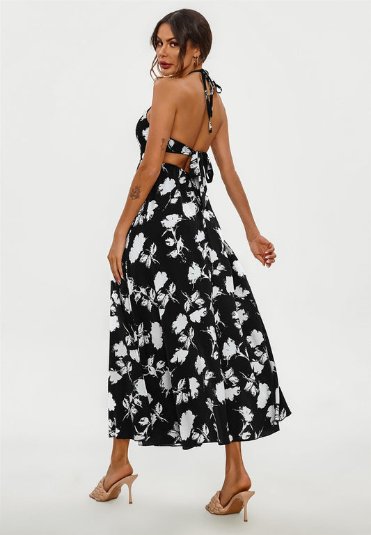 Floral Print Tie Halterneck Back Detail Maxi Dress In Black