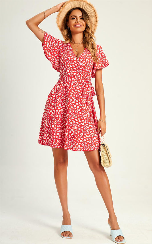 Summer Floral Print Mini Wrap Dress In Red