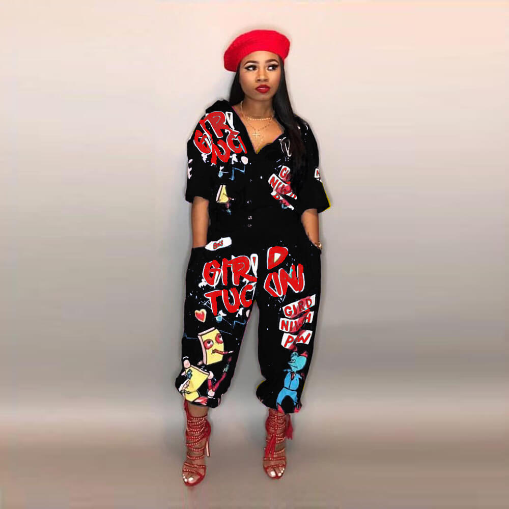 High Waist Graffiti Half Sleeve Jumpsuits