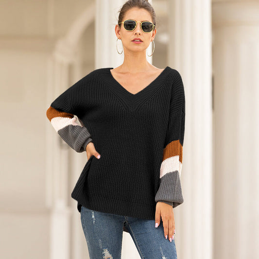 V-Neck Lantern Sleeve Striped Women Sweater