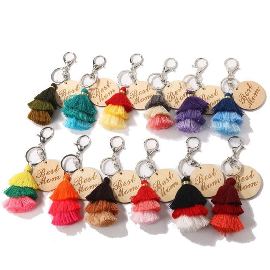 Wooden Disc Layered Tassel Key Chain