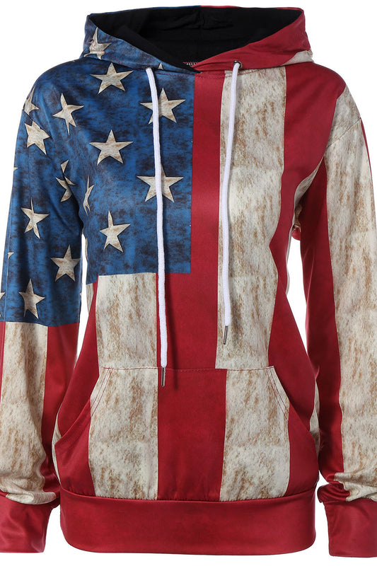 Flag Print Patchwork Pocket Drawstring Hoodie