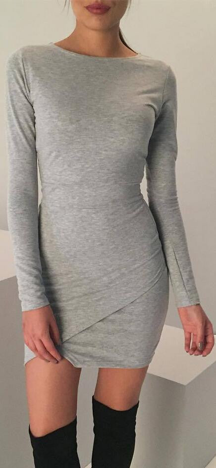 Fashion Long Sleeve Irregular Hem Bodycon Short Dress