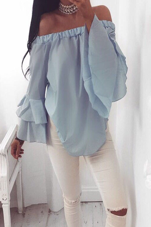 Pure Color Off Shoulder Loose Trumpet Sleeves Irregular Chiffon Blouse