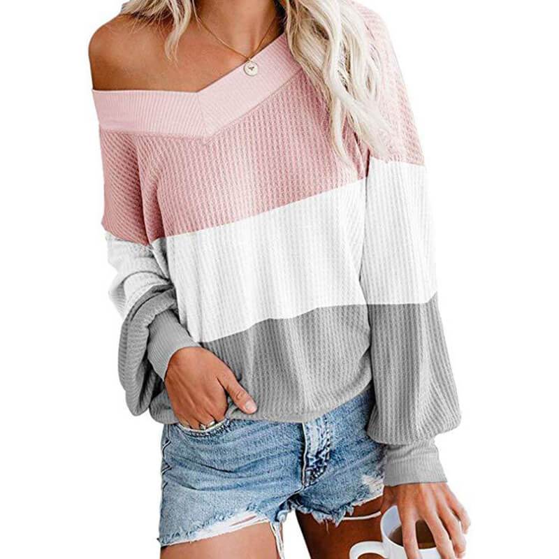 Patchwork Big V-neck Loose T-shirt