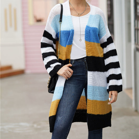 Striped Sleeve Rainbow Long Cardigan Sweater