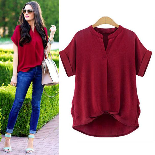 Plus Size V-neck Pure Color Short Sleeves Blouse