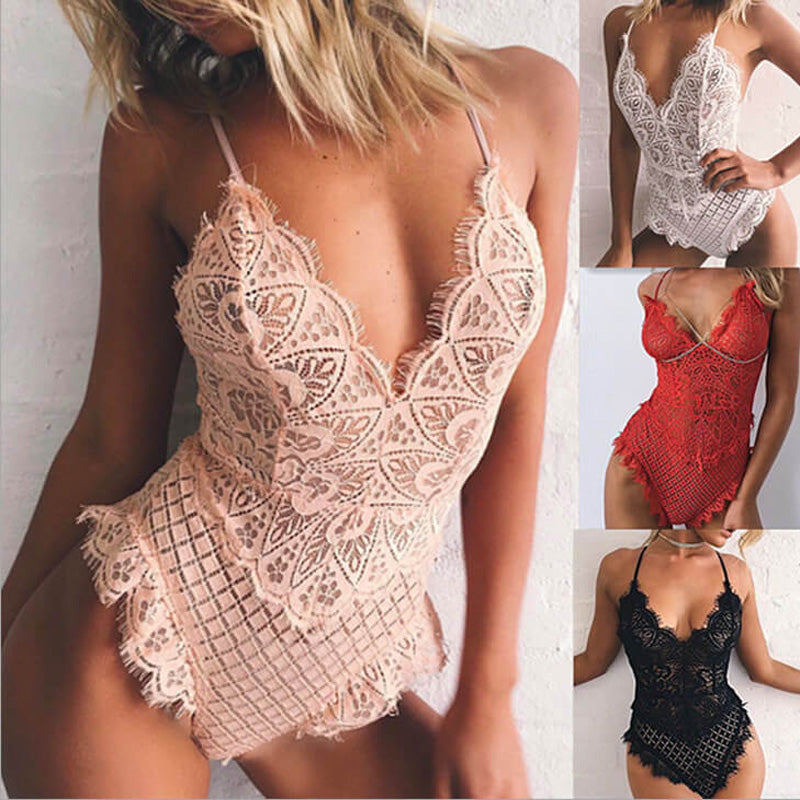 Sexy Lace Spaghetti Strap Deep V Neck Sheer Bodysuit