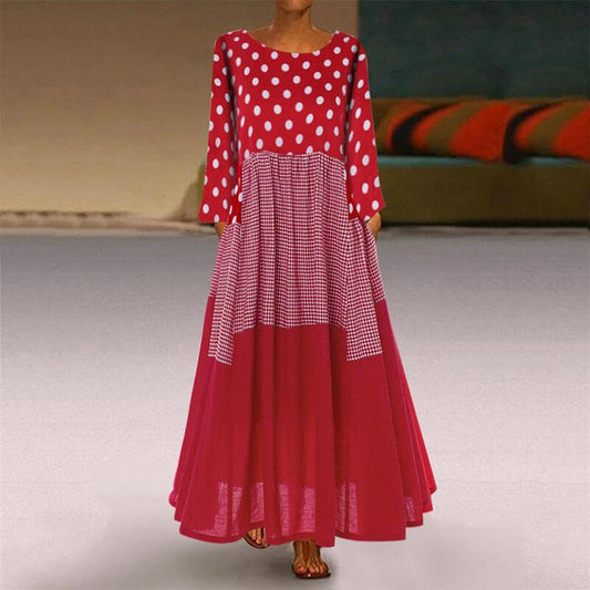 Retro Polka Dots Patchwork Large Hem Long Dress