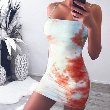 Boat Neck Print Bodycon Sling Short Dress