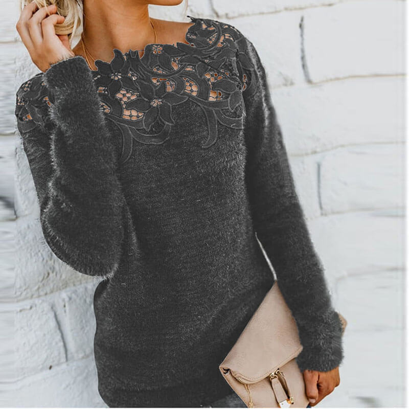 Hollow Out Lace Pure Color Sweater