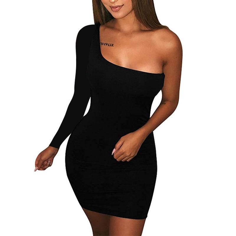 Women'S Casual Basic One Shoulder Tank Top Bodycon Long Sleeve Mini Club Dress