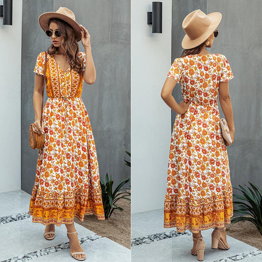 Vintage Floral Short Sleeve Long A Line Dress