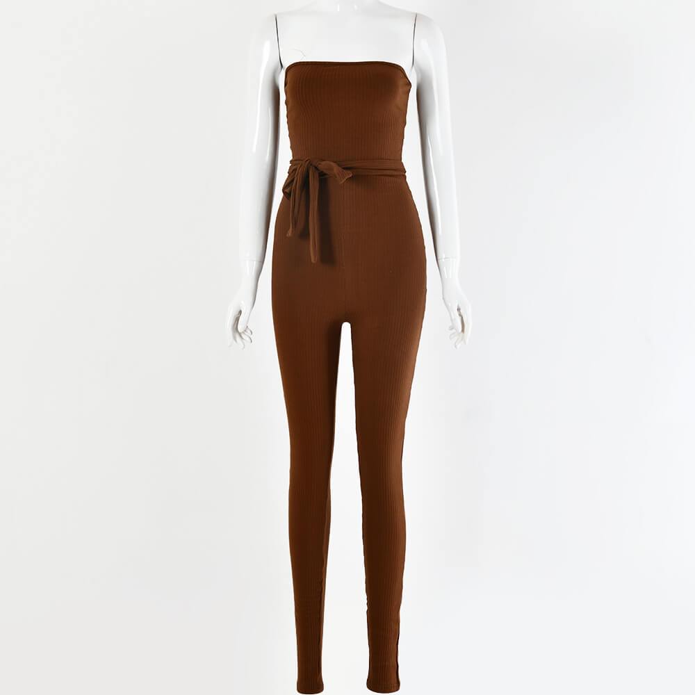 Sleeveless Strapless Bodycon Belt High Waist Skinny Jumpsuits