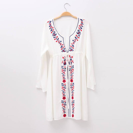 White Tie Waist Embroidered Beach Dress