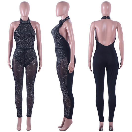 Black Glitter Halter Backless Jumpsuit