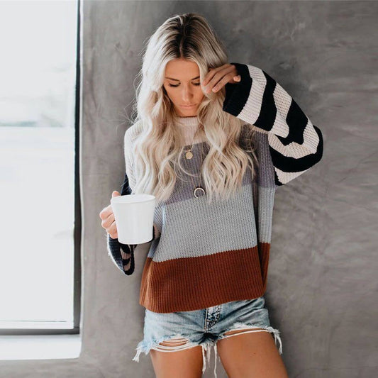 Oversized Crewneck Colorblock Stripes Sweater