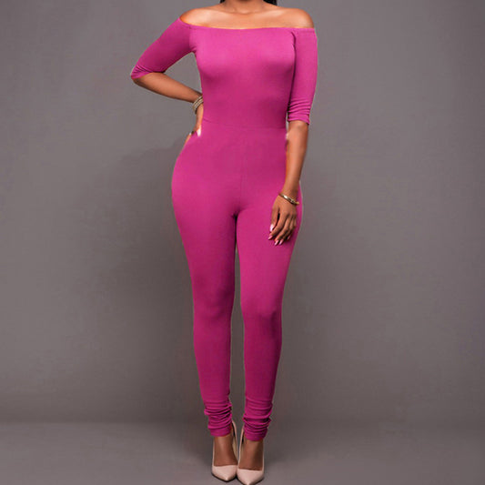 Sexy Stretch Half Sleeves Off Shoulder Bodycon Skinny Jumpsuits