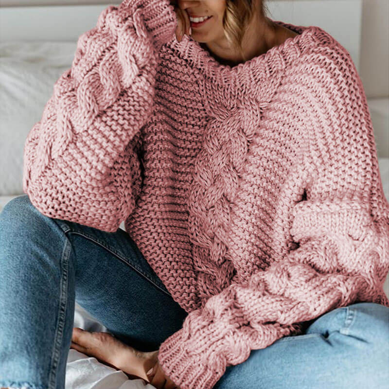 Soild V Neck Cable Knitted Sweater