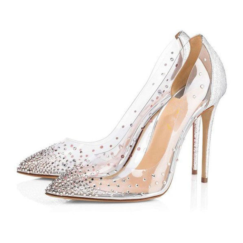 Rhinestone Pointed Toe Leather Clear Wedding Pumps