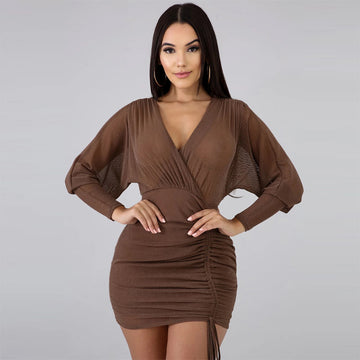 V Neck Long Sleeve Frills Wrap Dress