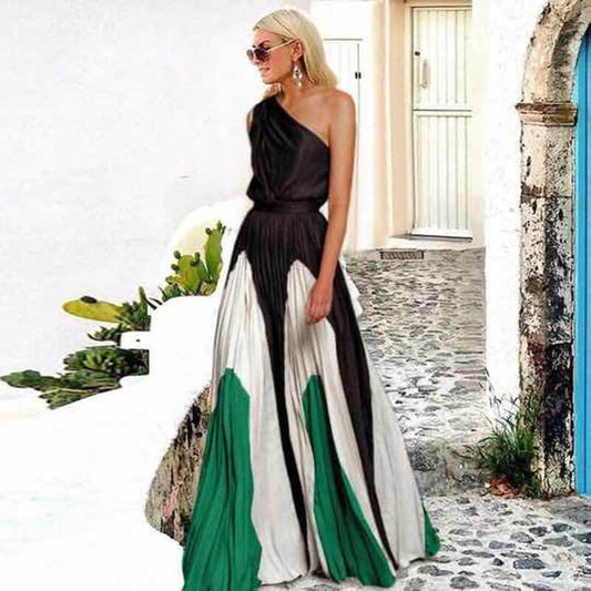 Colorblock Slash Neck Boho Long Dress