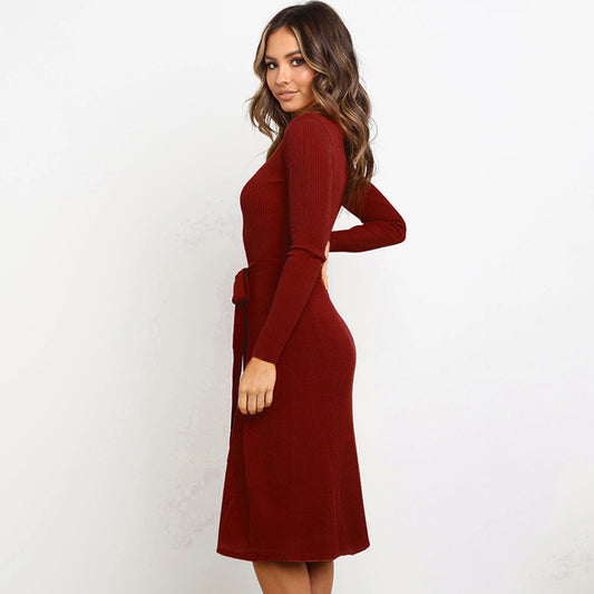 Casual Long Sleeve Belt Plain Sweater Dress