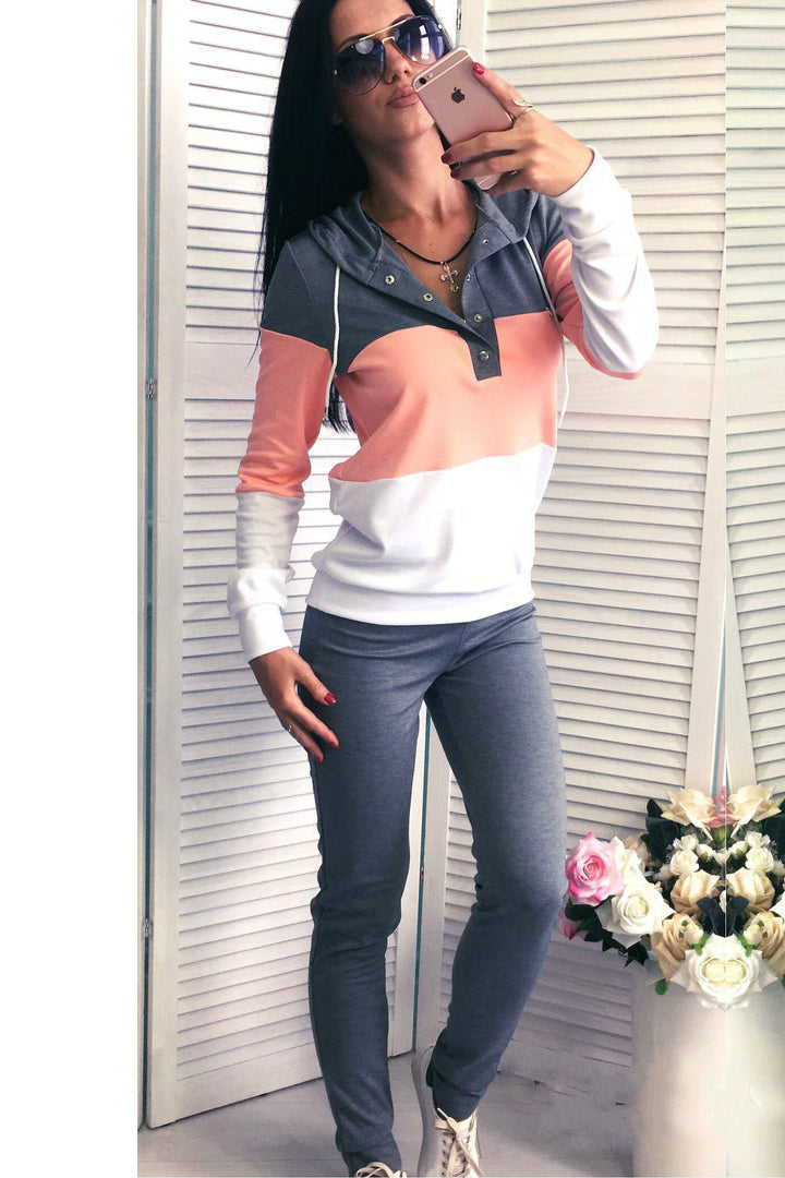 Pure Color Splicing Blouse with Skinny Pants Two Pieces Set