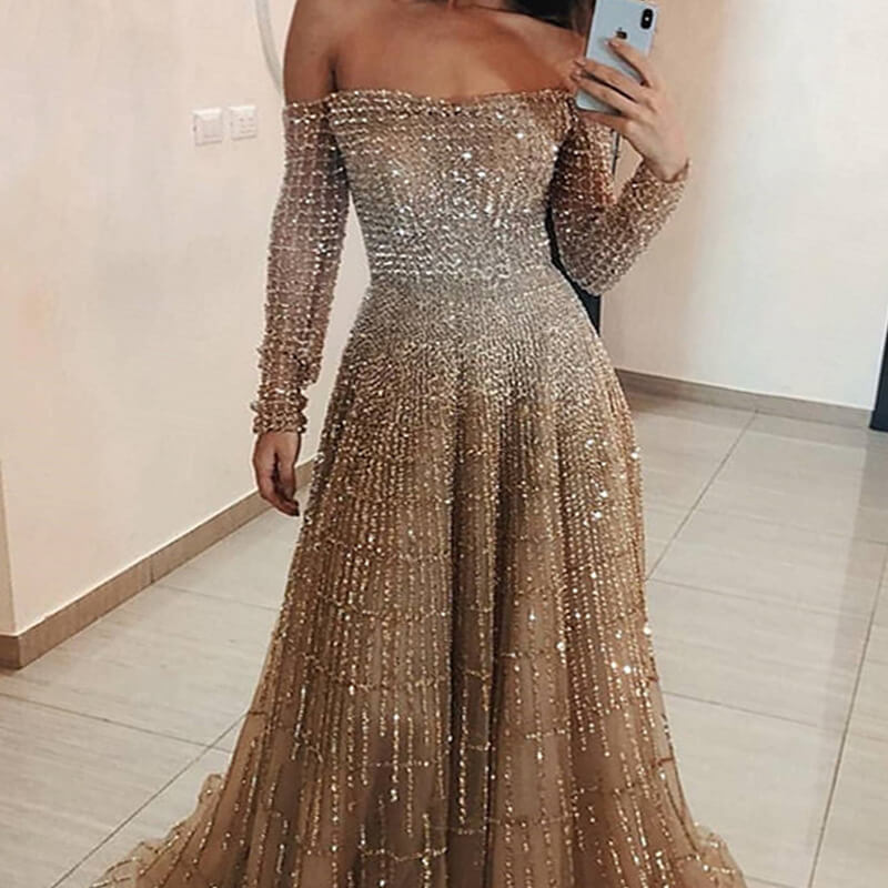 Sparkling Off Shoulder Smocking Evening Dress