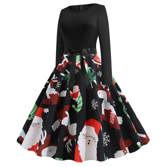 Retro Christmas Santa Print A Line Dress