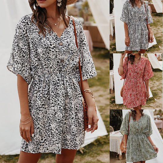 Floral Short Sleeve A Line Short Dress