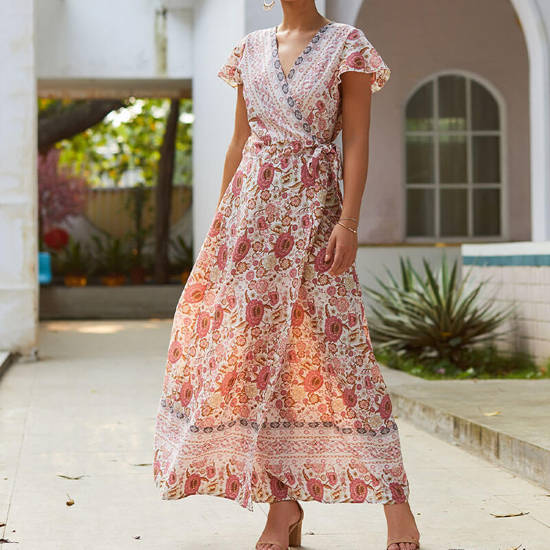 Boho Style Floral Long Wrap Dress