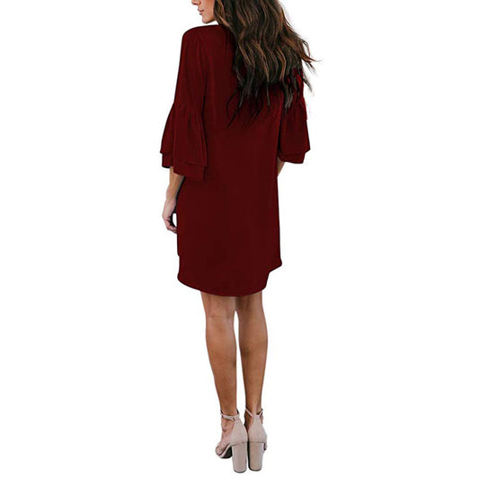 Loose V Neck Bell Sleeve Plain Dress