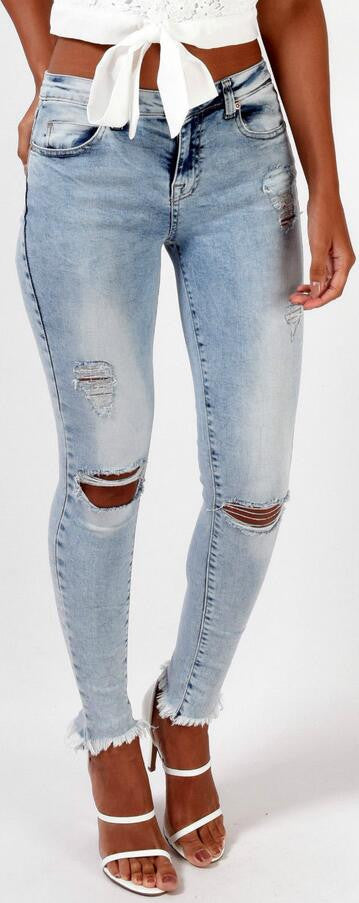 Sexy Light Blue Hole Low Waist Slim Pants 