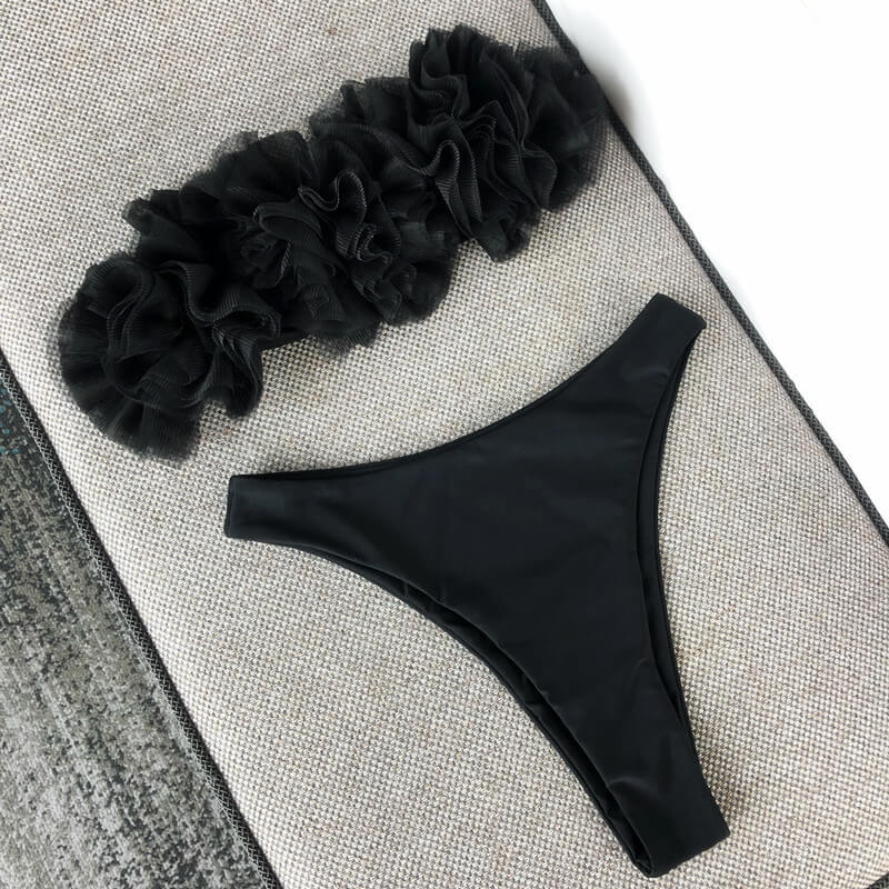 Black Mesh Plain Thong Bottom Tube Bikinis