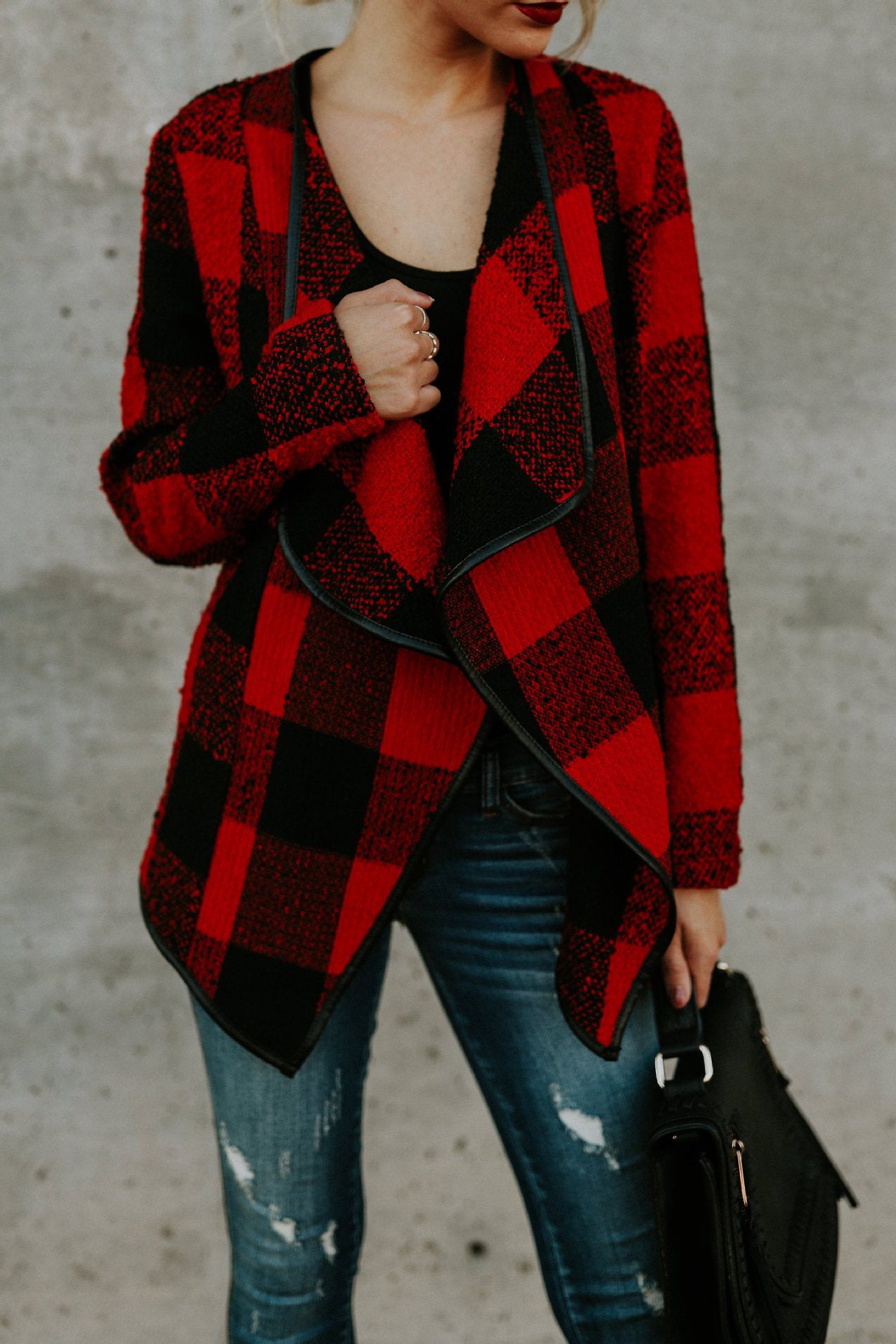 Plaid Lapel Loose Color Block Irregular Short Cardigan Coat