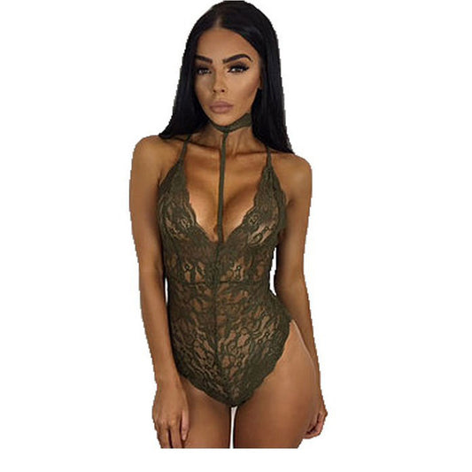 Sexy Lace Spaghetti Strap Halter Cutout Bodysuit