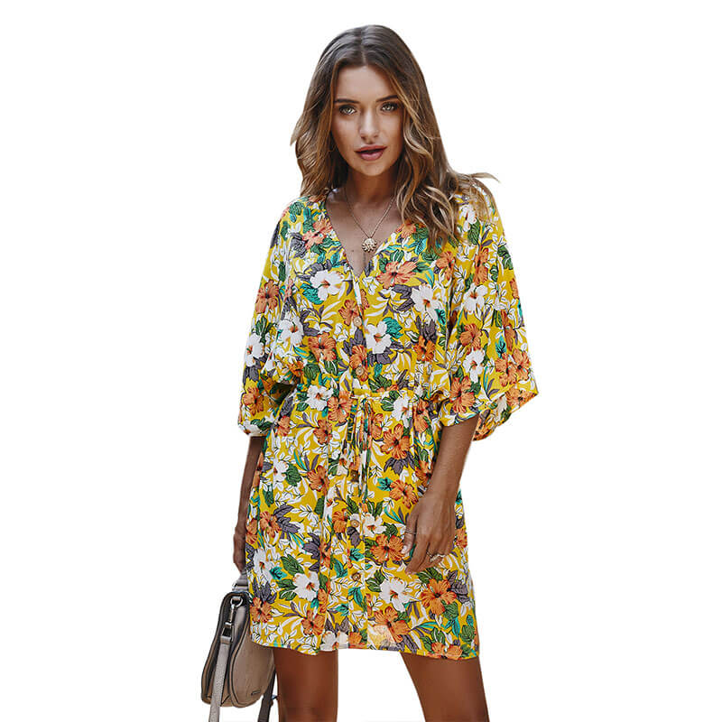 Half Sleeve Floral Dobby Short Beach Dress