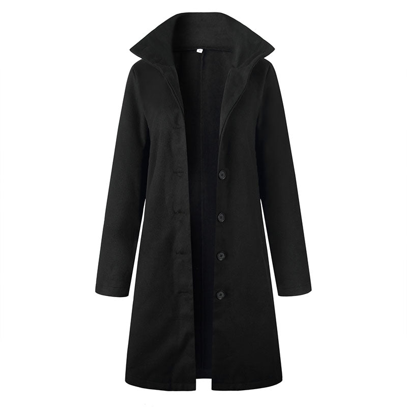 Funnel Neck Button Plain Woolen Coat