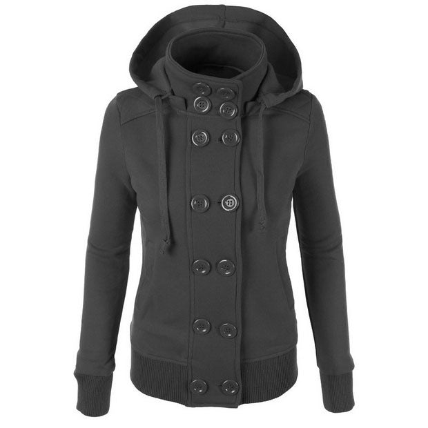 Double Breasted Solid Color High Neck Slim Hoodie Coat